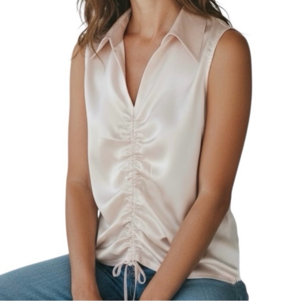 Collared Silk Blouse Sleeveless Adjustable Drawstring Ruching V Neck Blouse Top
